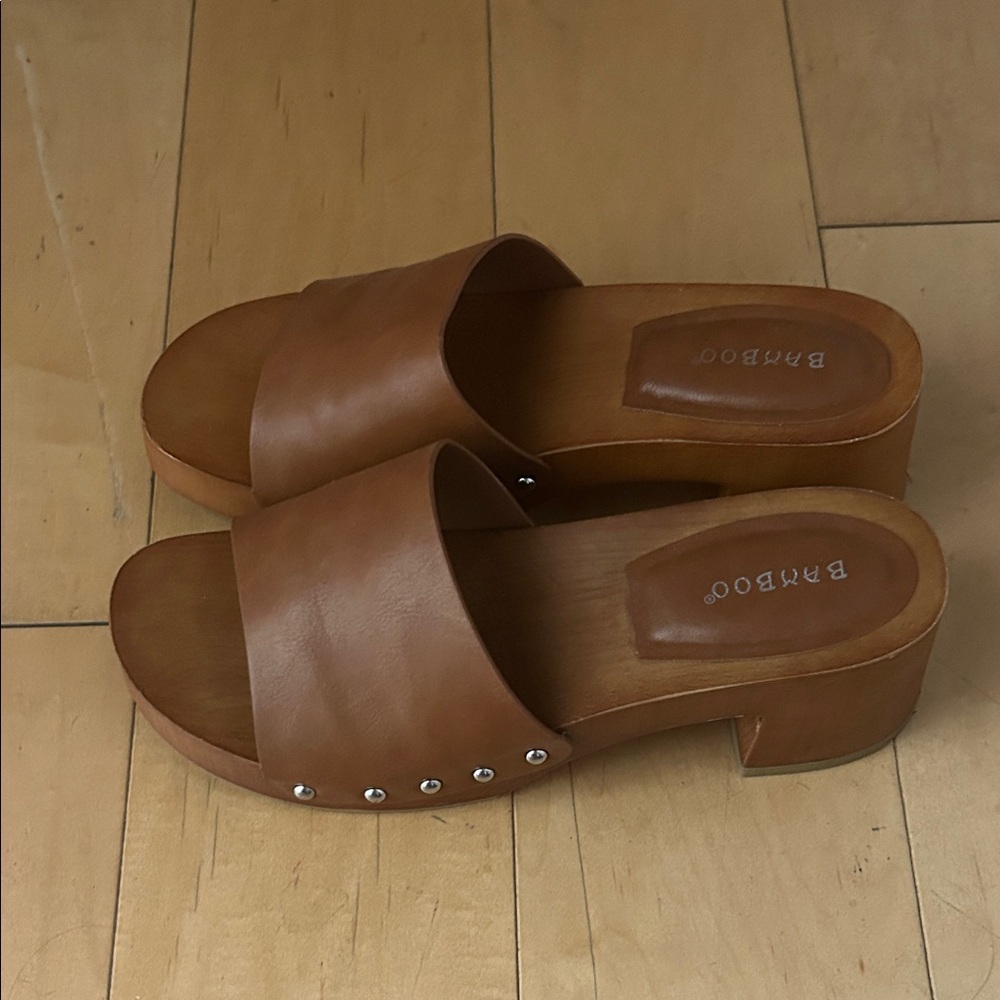 BAMBOO Tan Leather Mules with Stud Accents